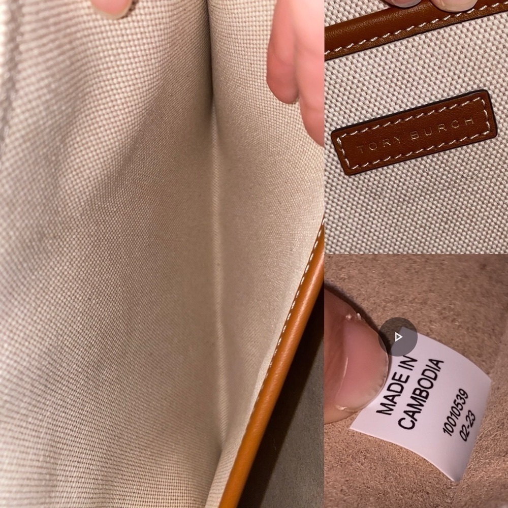 Tory Burch Blake Jumbo Tote Bag Canvas Leather Trim Neutral Cream Brown Cuoio - Picture 5 of 8